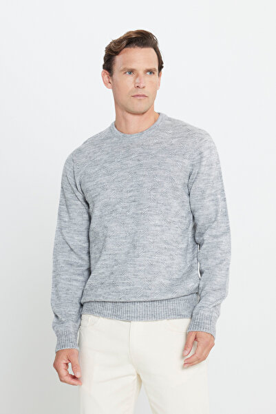 Сив меланж плетен џемпер со кружен изрез и жакард дезен, Standard Fit