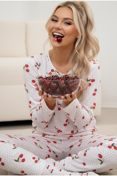 Cherry Print Transitional Thin Crew Neck Knitted Pajamas Suit 7979