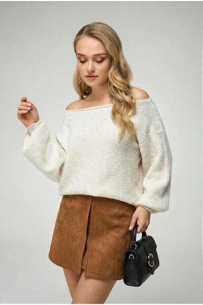 Women's Open Shoulder Wool Blend Oversized Sweater Ecru