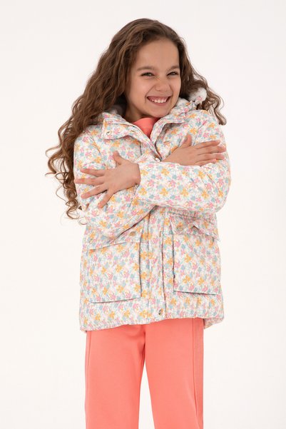 Girl's Cream Floral Patterned Fleece Inside Hooded Coat 50313063-Vr256