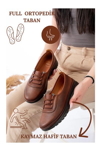 Women's Elastic Detailed Leather Mother Shoes Daily Shoes Flats