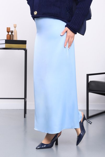 Baby Blue Side Zippered Satin Flared Skirt