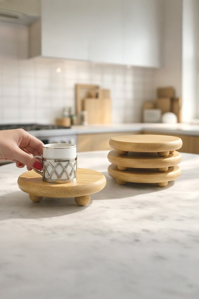 4-Piece Natural Bamboo Mini Ball Pedestal Presentation Stand, Cup Coaster, Breakfast and Presentation Stand