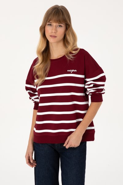 Women's Burgundy Striped Crew Neck Sweatshirt 50313572-Vr014