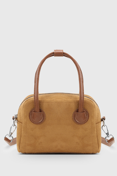 Suede Tan Mini Hand and Shoulder Bag - Zippered, Adjustable Strap
