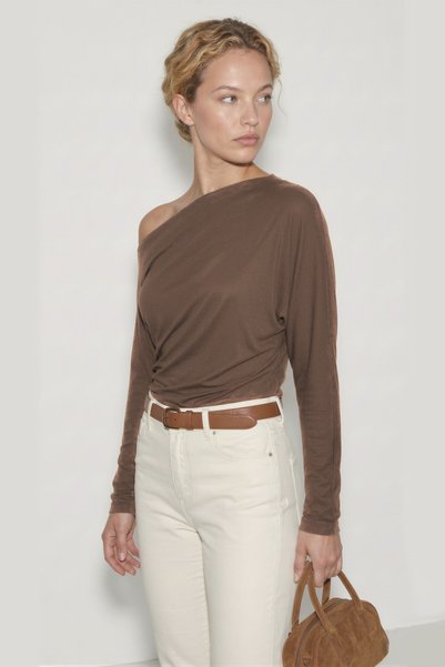 Women's Brown Asymmetrical 100% Cotton Long Sleeve Blouse
