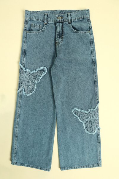 Adjustable Waistband Butterfly Embroidered Stone Decorated Girl's Belt Palazzo Pants