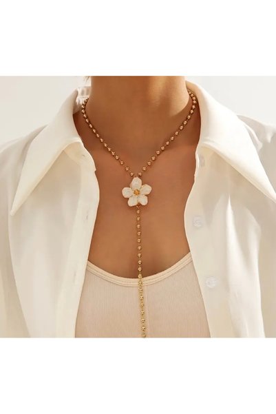 Women's Gold Ecru Flower Detailed Y Model Necklace