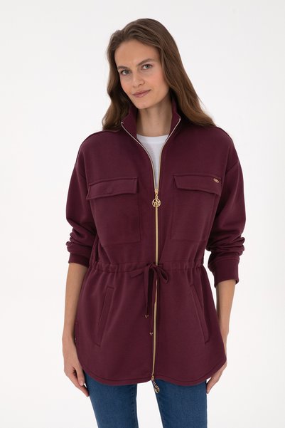 Women's Burgundy Zippered High Collar Sweatshirt 50318035-Vr177