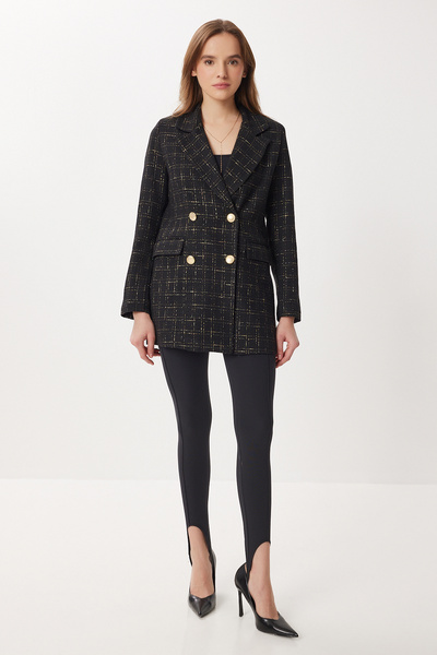 Double-Breasted Shoulder Pad Piece Tweed Blazer Jacket Lxa0030 Black