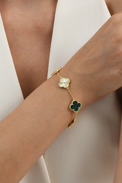 925 Sterling Silver Bracelet Gold Plated Malachite Stone Laser Design Clover Bracelet SGTL12560ZUMRUT