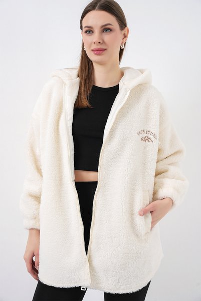 Women's Oversized Hooded Plush Coat 5207 - Ecru