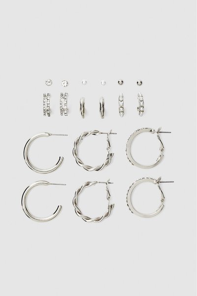 Set of 9 Hoop Earrings, Shiny and Faux Pearl