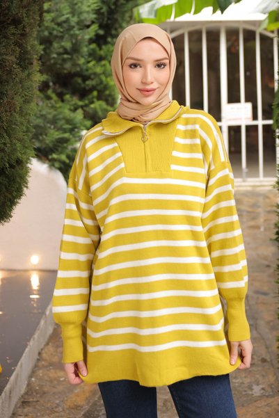 Oil Green Collar Zippered Striped Knitwear Sweater