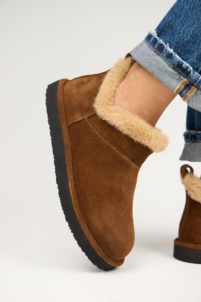 Cora Women's Genuine Leather Fur Detailed Mini Tan Boots