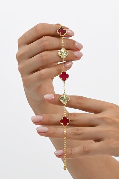 925 Sterling Silver Bracelet Gold Plated Coral Stone Laser Design Clover Bracelet SGTL12560KIRMIZI