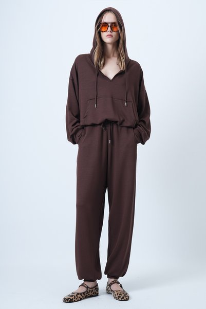 Brown Hooded V-Neck Oversize Modal Sweatshirt and Pants Set Alc-X14646