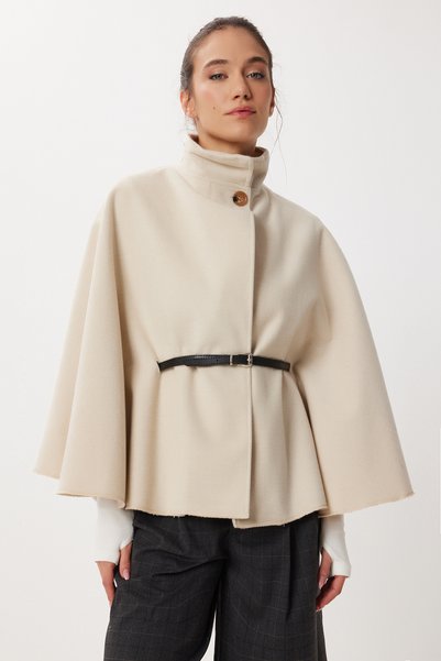 Belted Buttoned Cashmere Poncho Lgp0026 Cream