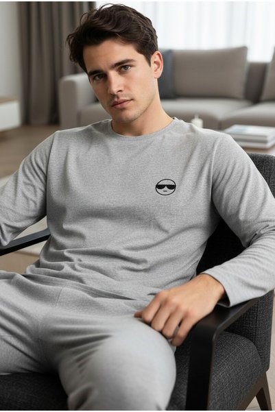 gray melange Long Sleeve Embroidered Knitted Men's Pajama Set7795