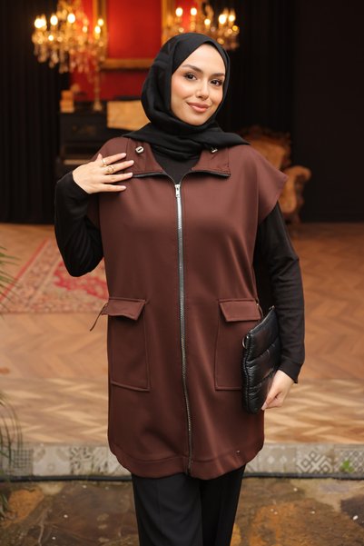 Brown Scuba Vest with Stopper Elastic Collar and Waist and Pockets