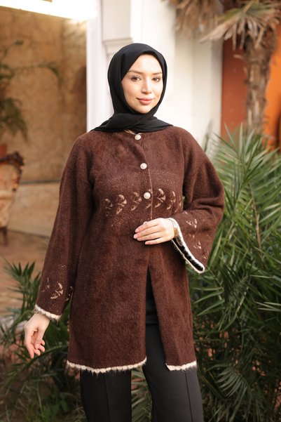 Brown Patterned Angora Soft Knit Cardigan