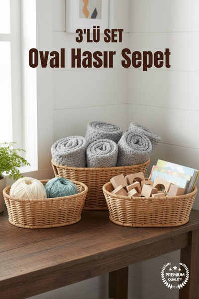 Set of 3 Oval Wicker Basket with Handles - Multi-Purpose Decorative Organizer