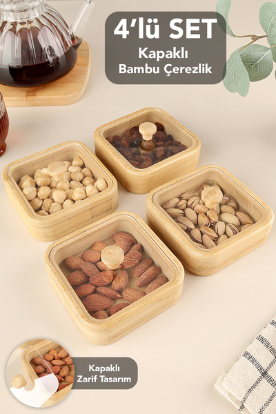 Set of 4 Bamboo Snack Bowls with Lids - Coffee Side Serving Bowl Presentation Bowl Breakfast Bamboo Bowl