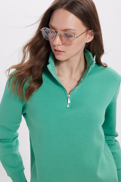 Women's Relax Fit Comfortable Cut Cotton Fleece-Lined Half-Zip Green Mock Neck Sweatshirt
