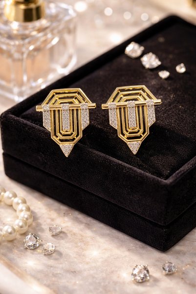 Women's Yellow Plated Geometric Steel Earrings - Art Deco Stylish Design
