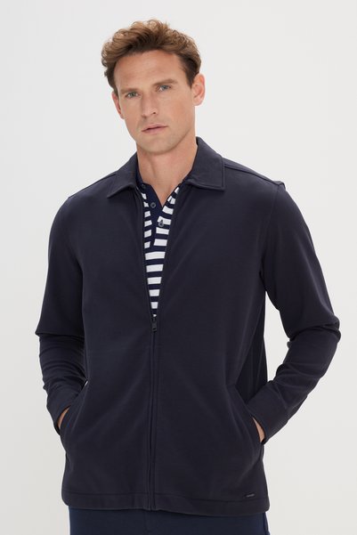 Navy Blue Standard Fit Regular Cut Shirt Collar Cotton Stretchy Coat