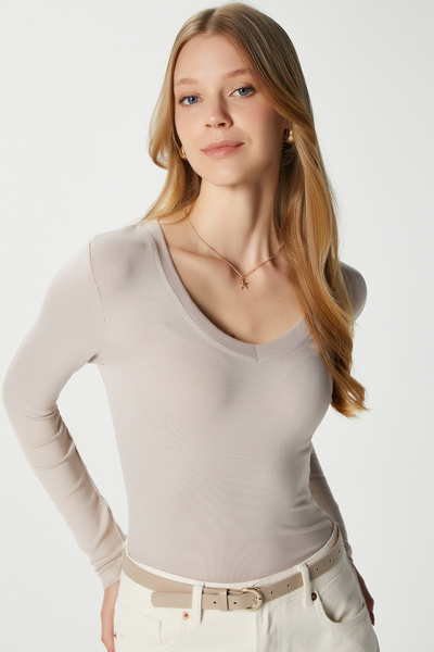 Women's Zera Lux Touch V Neck Beige Blouse