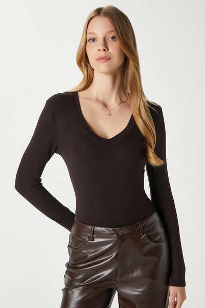 Women's Zera Lux Touch V Neck Brown Blouse