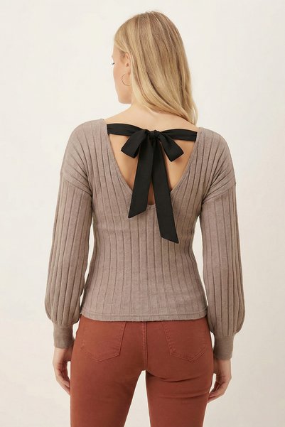 Women's Mink Front Back V-Neck Tie Back Blouse Arm-26K001080