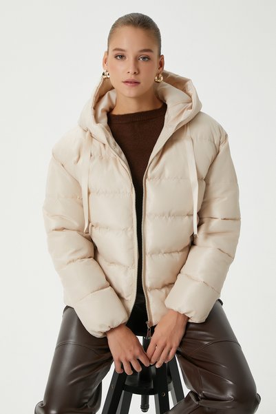 Women's Strong Oversized Inflatable Upright Hooded Cream Coat
