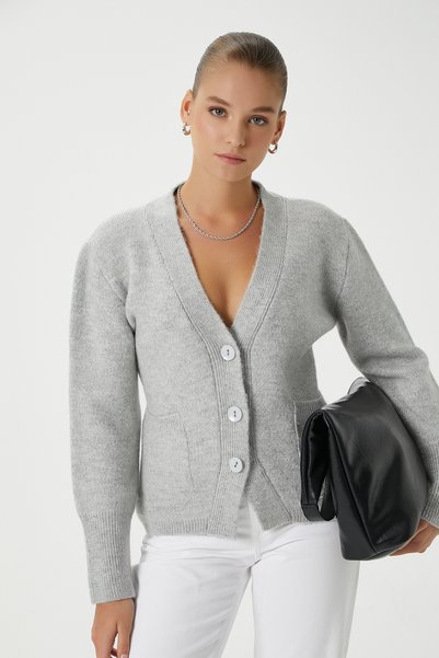 Women's Alexa Tok Textured Gray Pocket Cardigan