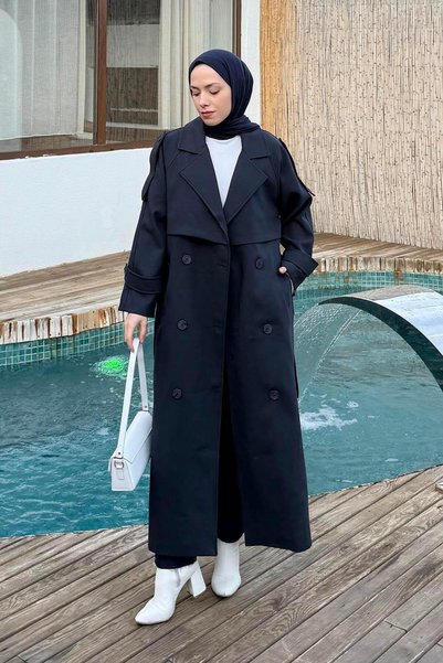 Fleto Pocket Shoulder Epaulet Trench Coat Navy Blue