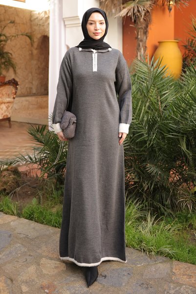 Smoked Shirt Collar Zippered Knitwear Dress