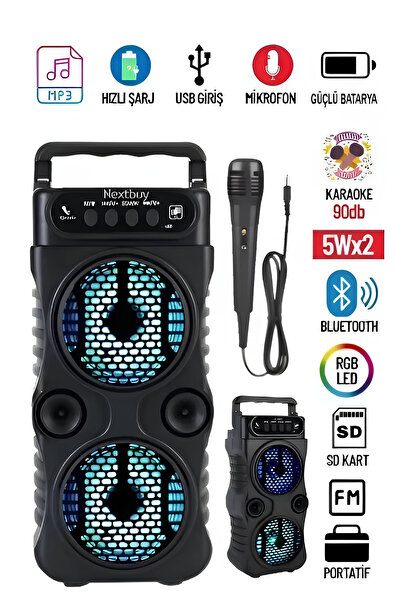 Караоке Bluetooth звучник, пренослив, безжичен, USB, сабвуфер, RGB светло, FM, SD, со микрофон, звучна бомба