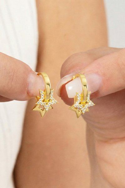 Silver Gold Gilded Zircon Stone Star Dangle Hoop Earrings SGTL11152GOLD