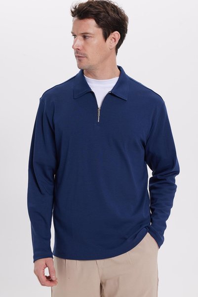 Men's Regular Fit Comfortable Cut 100% Cotton Half Zipper Polo Collar Interlock Navy Blue Sweatshirt