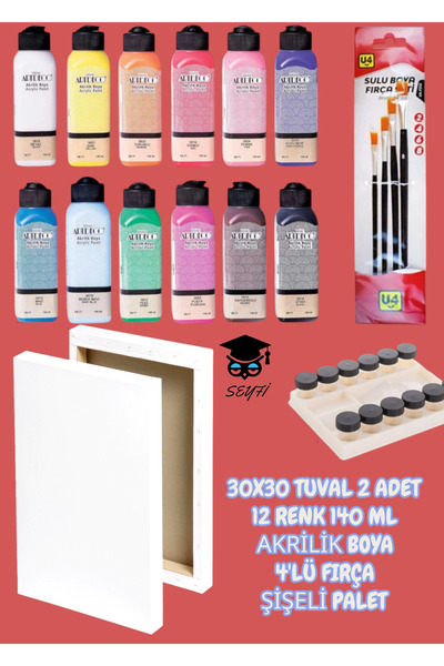 30X30 Canvas 2 Pieces 12 Colors 140 ml Acrylic Paint 4-Piece Brush Bottle Palette
