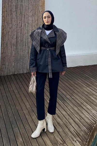 Plaid Collar Tie Detail Coat Navy Blue