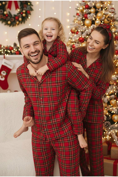 Men's red plaid 100% Cotton Knitted Buttoned Pajama Set 7985