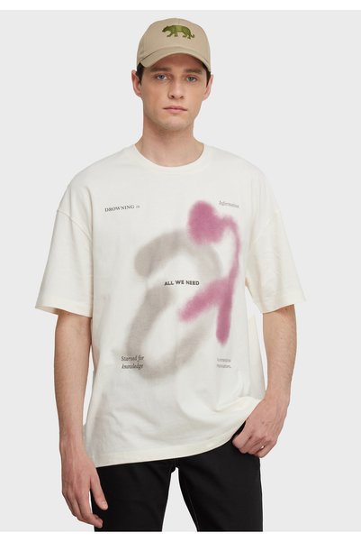 Ecru Oversized Loose Cut Crew Neck 100% Cotton Printed T-Shirt