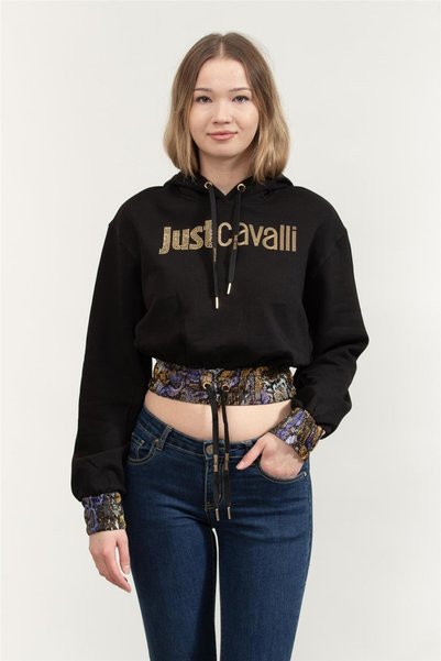 Hooded Collar Printed Black Women's Sweatshirt 75Paı309