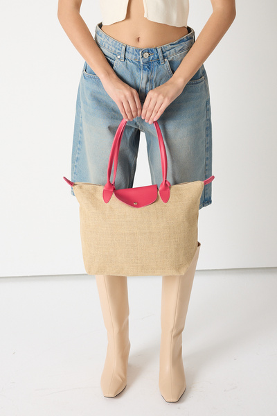 Women's Fuchsia Medium Size Straw Hand and Shoulder Bag with Strap