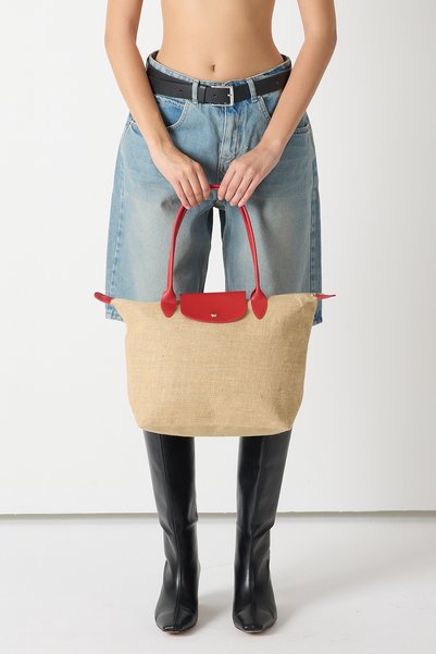 Women's Red Medium Size Straw Hand and Shoulder Bag with Strap