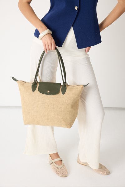 Women's Khaki Medium Size Strap Straw Hand and Shoulder Bag