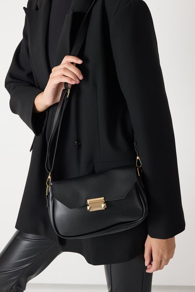 Women's Black Buckle Leather Look Strap Shoulder Bag