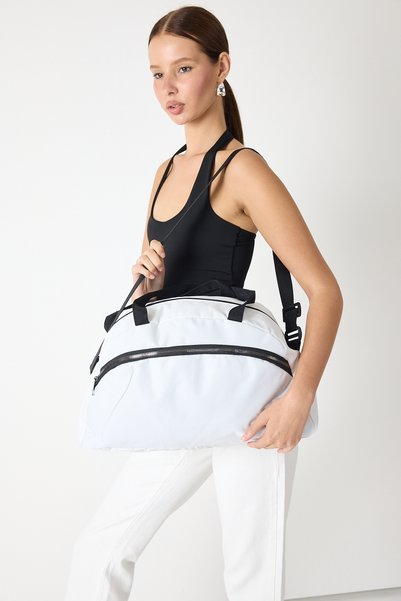 Women's White Large Size Fabric Sports and Travel Shoulder Bag with Front Zipper
